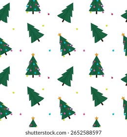 Nahtloses Muster mit Weihnachtsbäumen und Sternen auf Weiß. Sauberes Urlaubsdesign, perfekt für digitale und gedruckte Nutzung.
