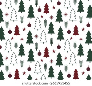 Seamless pattern with Christmas trees, stars, branches and baubles in flat vector style, green and burgundy on white background, perfect for wrapping paper, fabric, holiday decor, greeting cards