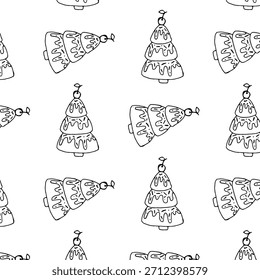 Seamless Pattern of Christmas trees with sweet icing and cherry – Minimalist Vector Line Art Perfect for Wrapping Paper, Fabric and Holiday Crafts