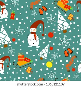 Seamless pattern with Christmas trees, Christmas toys, snowflakes, mittens, scarves, cute snowmen, gifts, sleds. Children's background for fabric, wrapping paper, textiles, Wallpaper and clothing.Vect