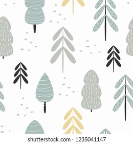 Seamless pattern with Christmas trees and trees. Vector illustration for printing on postcards, packaging paper, bed linen, adult and children's clothing.