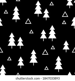 Seamless pattern with christmas trees. Vector illustration. White trees on black background. Winter texture for print, textile, packaging.