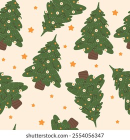 Seamless pattern with Christmas trees. Vector holiday illustration with firs with ornament in pot, Xmas spruce with festive decoration, tree decorated with garlands. Flat vector illustration