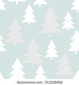 Seamless pattern with Christmas trees in white on blue background.