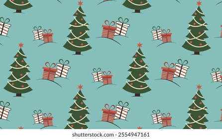 Seamless pattern with Christmas trees and wrapped presents on a light blue background. Flat festive design. Ideal for wrapping paper, wallpaper, holiday fabric prints