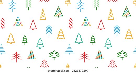 Seamless pattern with Christmas trees. Wrapping paper concept. Geometric Banner in Scandinavian style. Festive wrapping paper with Christmas trees and snowfall. Vector illustration