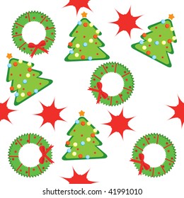 Seamless pattern with christmas trees, wreaths and stars. Vector illustration.