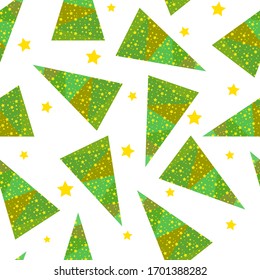 Seamless pattern of Christmas trees and yellow stars, isolated on a white background. Merry Christmas and a happy new year. Vector illustration.