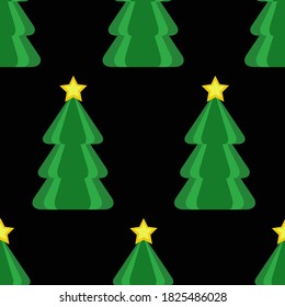 seamless pattern Christmas trees with a yellow star at the top on a black background for design and decoration