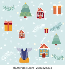 seamless pattern with christmas trees,houses