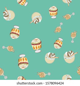 Seamless pattern with Christmas trifle pudding and eggnog. Cute endless background New year and Christmas. Vector illustration.