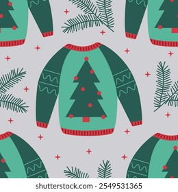 Seamless pattern with Christmas ugly sweater party decorative tree with balls vector illustration. Winter holiday design background texture