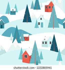 Nahtlose Muster Weihnachtsferien in den Bergen. Wintertage Schnee im Freien, warme, gemütliche Häuser und Pinienbäume. Ferien im Dorfhaus. Waldhintergrund Skigebiet. Vektorgrafik.