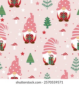 Seamless pattern with Christmas or Valentine's Day gnomes and winter landscape. Vector illustration.