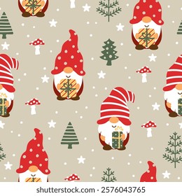 Seamless pattern with Christmas or Valentine's Day gnomes and winter landscape. Vector illustration.