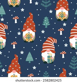 Seamless pattern with Christmas or Valentine's Day gnomes and winter landscape. Vector illustration.