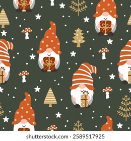 Seamless pattern with Christmas or Valentine's Day gnomes and winter landscape. Vector illustration.