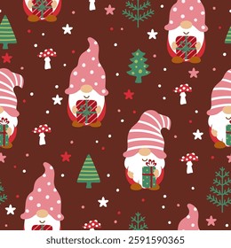 Seamless pattern with Christmas or Valentine's Day gnomes and winter landscape. Vector illustration.