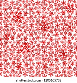 Seamless pattern for Christmas. Various small snowflakes on background in red colors. Vector graphic illustration.