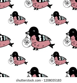 Seamless pattern, Christmas vector background. Perfectly for wrapper pattern, paper,  wallpaper, textile, fabric, frame or border. Bird with a Christmas ball. Hand drawn texture.