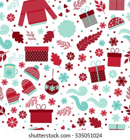 Seamless pattern for Christmas in vector. Red and blue gifts, toys, branches and snowflakes on a white background. Festive pattern for fabric, wrapping paper