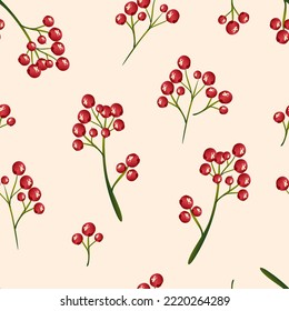Seamless pattern. Christmas vibes. Holly branches with berries on a pink background. Festive textile print. Vector.