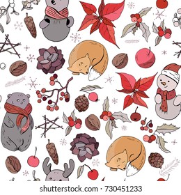 Seamless pattern with christmas vintage decoration and forest animals. New year retro symbols on white. Orange,brown and  red color, contour, hand drawn. Endless texture for festive season design.