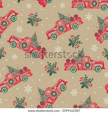 Seamless Pattern of Christmas Vintage Red Truck, Christmas Tree, Snowflakes, with Gifts and Candy cane. Christmas Holly Leaves, good for Gift wrapping paper print- Christmas Vector Illustration