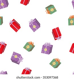 Seamless pattern with Christmas volume gift boxes. Vector illustration for New Year holiday, birthday, wedding