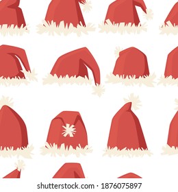 Seamless pattern of Christmas warm red traditional santa style hat flat vector illustration on white background