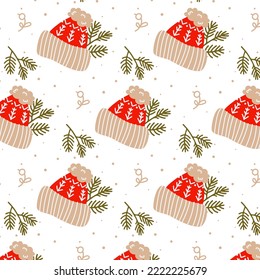 Seamless pattern christmas warm red hat with christmas tree branches. Cute handdrawn composition in flat style. Vector illustration