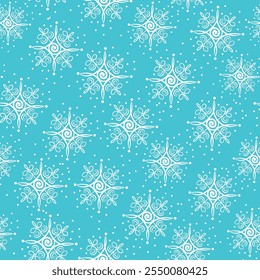 Patrón sin fisuras de Navidades copos de nieve caprichosos. Copos de nieve divertidos con fondo azul hielo - Navidades Copos de nieve Ilustración vectorial