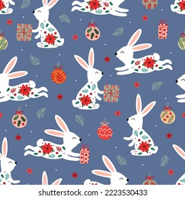 seamless pattern with Christmas white hare