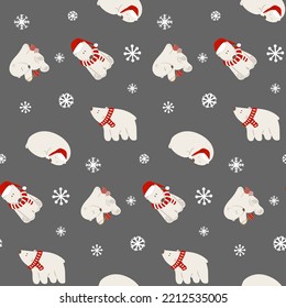 Seamless pattern with Christmas white polar bears and snowflakes. Festive wrapping paper for New Year, xmas