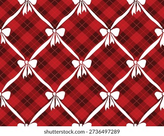 Seamless Pattern of Christmas White Ribbon Bows with Red Plaid Background- Christmas Vector Illustration