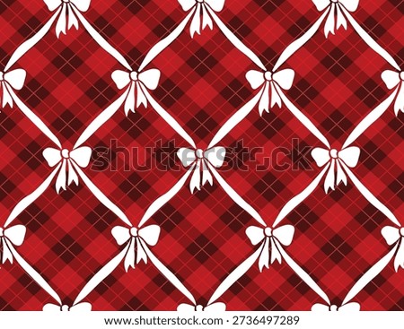 Seamless Pattern of Christmas White Ribbon Bows with Red Plaid Background- Christmas Vector Illustration