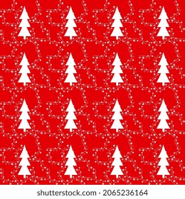 Patrón sin foco con árboles blancos de Navidad con guirnaldas estelares sobre un fondo rojo. Diseño vector festivo.