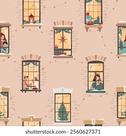 Seamless pattern with Christmas window decorated with garland, fir branches, pile of gift boxes with characters. Snowfall, warm Christmas or New Year atmosphere. Cozy winter evening illustration