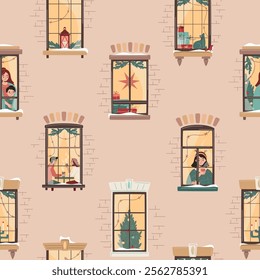 Seamless pattern with Christmas window decorated with lights, fir branches, pile of gift boxes with characters. Snowfall, warm Christmas or New Year atmosphere. Cozy winter evening illustration