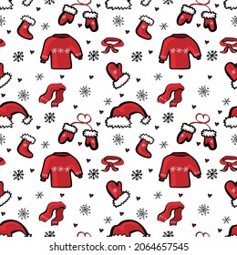 Seamless pattern with Christmas winter clothes and snowflakes. Suitable for textile, fabric, wrapping, wallpaper