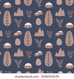 Seamless pattern with Christmas winter forest woodland elements: tree, mountain, stone, leaves, branch, botanical elements. New Year winter vector background for packaging, textiles, scrapbooking.

