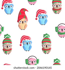 Seamless pattern with christmas winter owls in hats and scarves