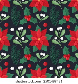 Seamless pattern with Christmas and winter plants on dark background. Poinsettia, leaves, branches, berries, holly. Perfect for fabric, scrapbooking, banner, card, wrapping paper, textile, wallpaper.