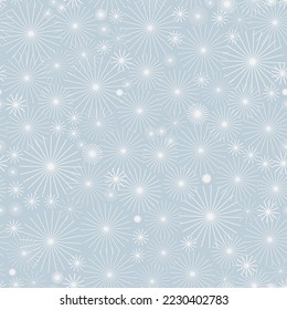 Seamless pattern of Christmas winter snowflakes, vector background. Repeated texture for surface, wrapping paper, white on light blue.