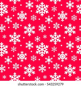 Seamless pattern of Christmas winter snowflakes, vector background. Repeated texture for surface, wrapping paper, white on pink.