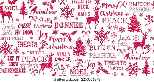 Seamless Pattern of Christmas Wordings, Reindeer, Pine Tree, Snowflakes, and Holly leaf- Christmas Red and White Vector background