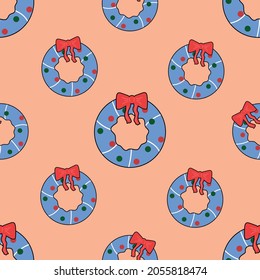 Seamless pattern christmas wreath with black outline.