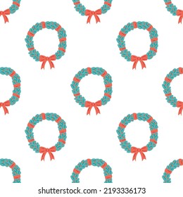 Seamless pattern with a Christmas wreath. Flat vector illustration