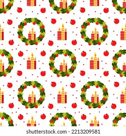 Seamless pattern with Christmas wreath in flat design on white background. Holiday pattern for textile, wrapping paper, decor.