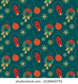 Seamless pattern with Christmas wreath, lamp, and ornament for Christmas-themed packaging and wallpaper